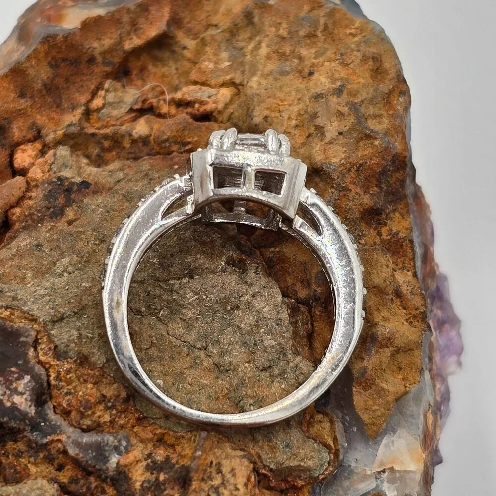 Sterling Silver 925 Halo Engagement Ring Size 3.75 Cushion Cut Cubic Zirconia